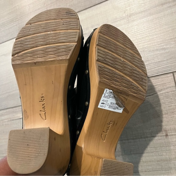 Clarks Artisan Ledella Meg Black Leather Heeled Platform Clogs Braid Studded 6 - Picture 5 of 5